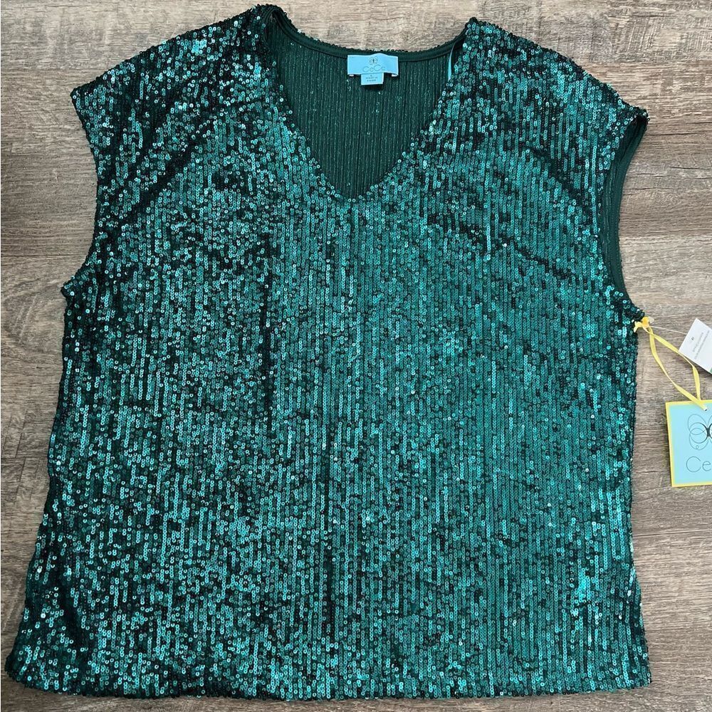 CeCe Sequined V-Neck Cap-Sleeve Green Blouse-Size Large
